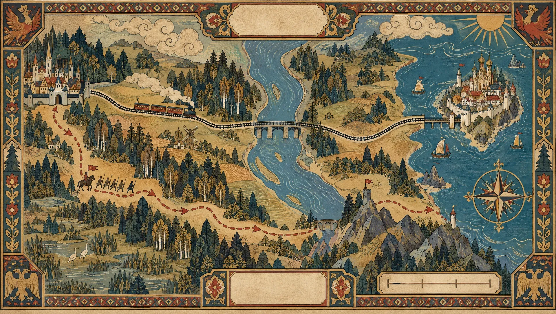 An antique campaign map: a rail line from a Gothic town across a wide river to an island city.